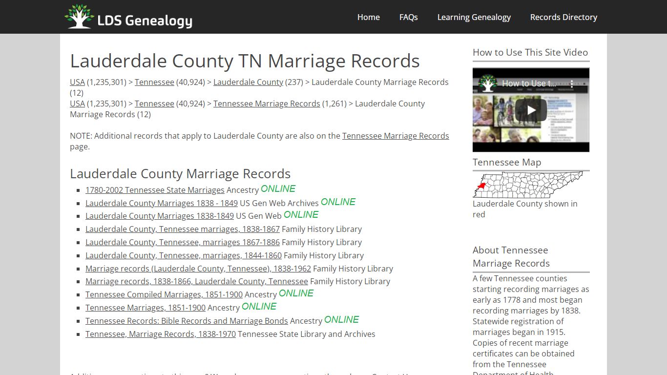 Lauderdale County TN Marriage Records - LDS Genealogy